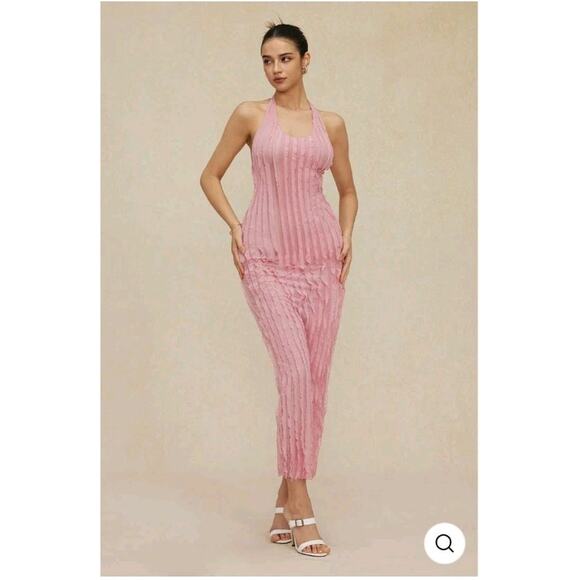 Micas Women's Sheer Ruffle Texture Halter Backless Maxi Dress Small - Picture 3 of 5